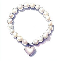 Obraz premium Elegant watercolor pearl bracelet with heart charm artful jewelry display studio setting aesthetic appeal, isolated on white background