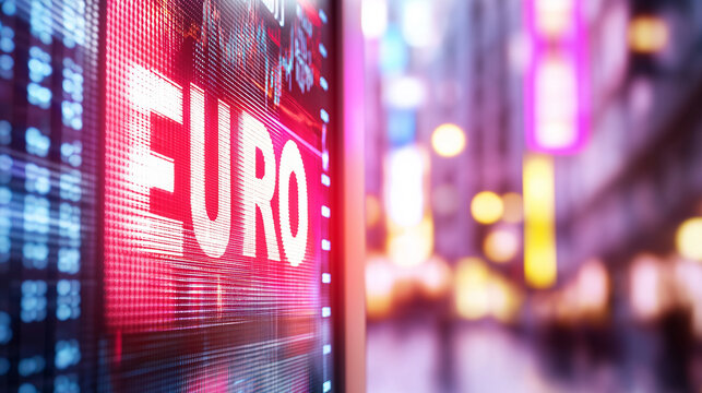 Glowing red "Euro" text on a futuristic digital display with a blurred cityscape in the background.