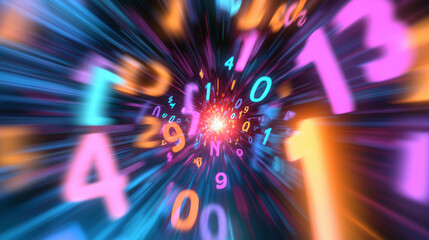 Bright vortex of neon numbers and symbols creating a digital tunnel effect with glowing, futuristic colors.
