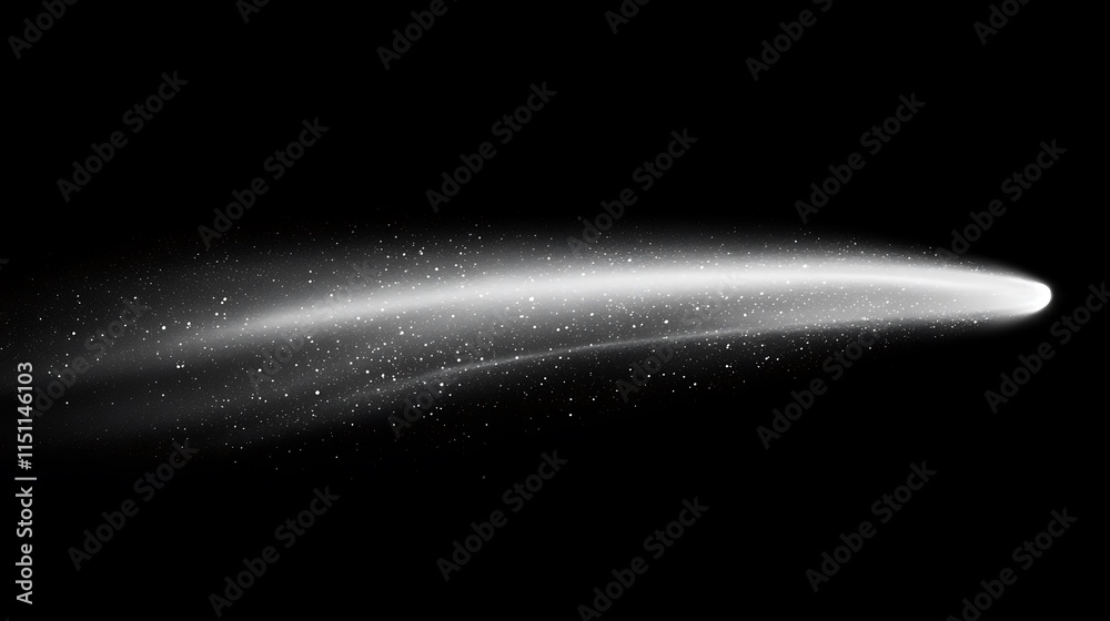 Poster white comet with tail and particles on black.