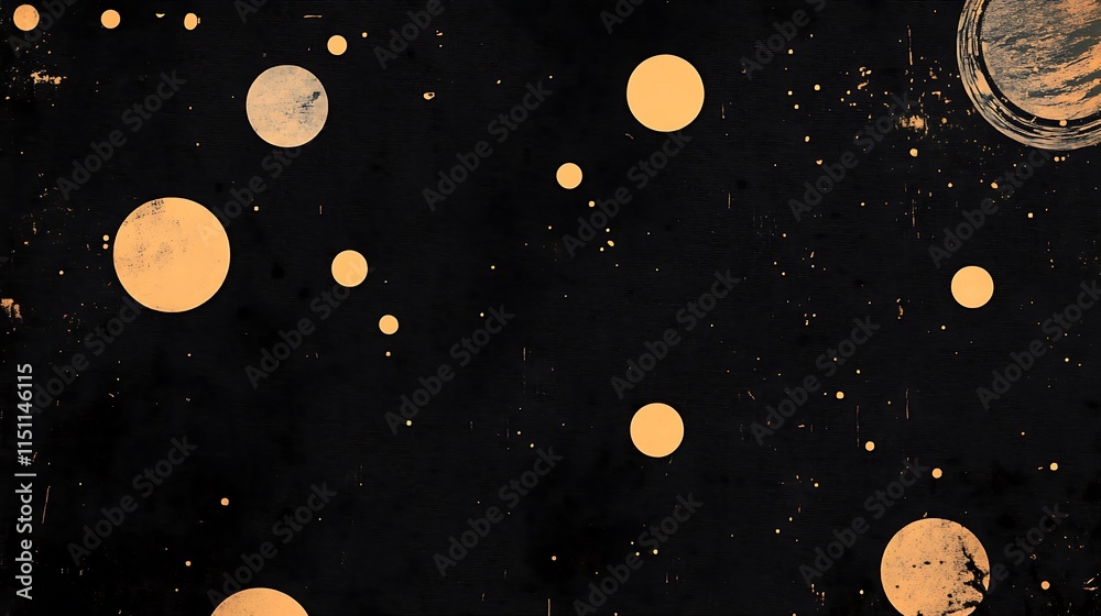 Poster dark textured background with gold circles.