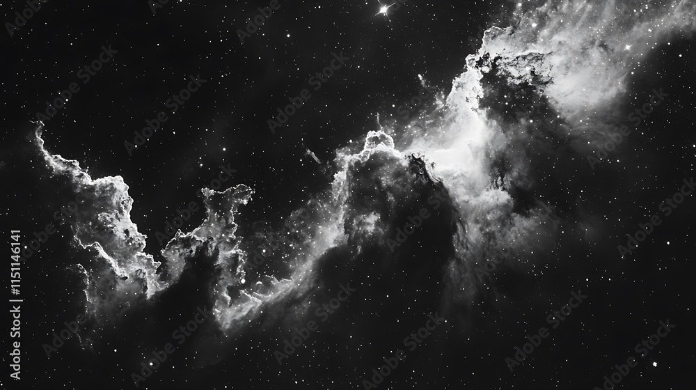 Poster monochromatic nebula with stars in space.