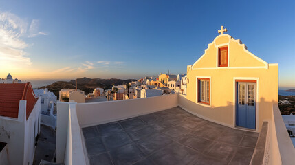 Oia village, Santorini, Greece. Traditional houses on Santorini Island. Narrow streets and rooftops, churches and hotels. Sunset view.