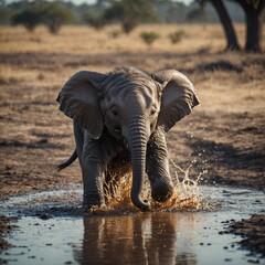 Fototapeta premium A baby elephant splashing in a puddle.