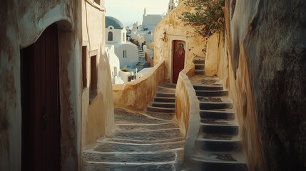 Oia village, Santorini, Greece. Traditional houses on Santorini Island. Narrow streets and rooftops, churches and hotels. Sunset view.
