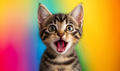 A playful kitten with a wide open mouth against a vibrant rainbow background.