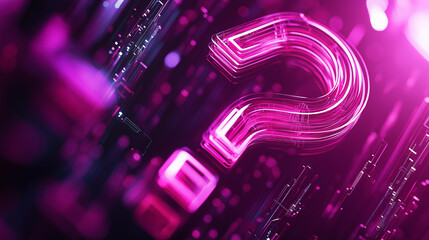 A glowing neon pink question mark surrounded by futuristic digital elements and vibrant light effects.