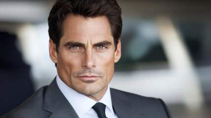 Fototapeta premium Confident Businessman in Suit with Intense Gaze Against Urban Background, Radiating Professionalism and Charisma in Modern Corporate Environment