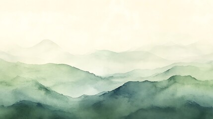 Misty green mountain landscape painting.