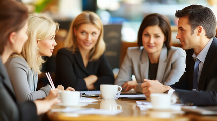 Photo of a business meeting in a coffee shop. 