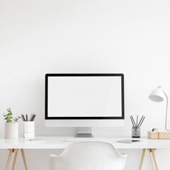 Fototapeta premium Modern Workspace Setup with a Clean Desk, Mac Computer, and Minimalist Decor in a Bright and Airy Room for Productive Work and Comfortable Study Environment