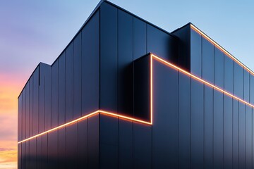 Ultra-modern home facade with sleek black panels and a neon trim outlining geometric shapes at dusk.