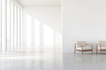 Fototapeta premium Spacious and Minimalist Interior with Two Elegant Armchairs and Natural Light Streaming Through Large Windows in Bright and Airy Environment