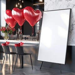 A beautifully decorated Valentine's Day, A framed poster blank withe , a frame placed in room with valentine day scenography