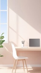 Minimalist Workspace with Natural Light, White Chair, Desktop Computer, and Green Plant by Bright Window in Modern Interior Design Setting