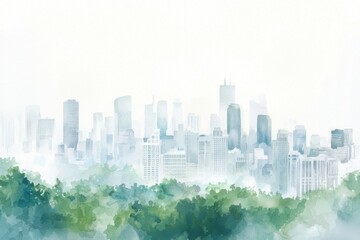 Fototapeta premium Serene watercolor cityscape urban environment landscape art tranquil setting aerial view dreamlike concept, isolated on white background