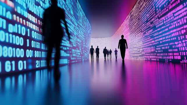Silhouetted figures walking through a vibrant tunnel of digital binary code in glowing blue and pink hues.

