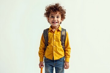 A child goes to school happily, isolated on plain white background