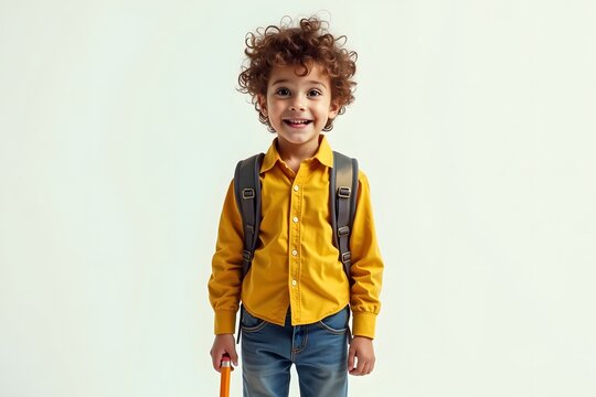 A child goes to school happily, isolated on plain white background