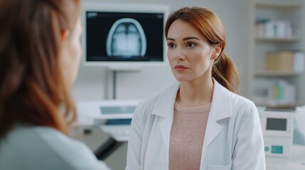 A dedicated radiologist engages in a thoughtful discussion with a patient about diagnostic results in a contemporary medical environment. The warm interaction fosters trust and understanding