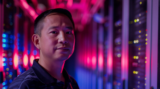 IT professional in a vibrant server room.