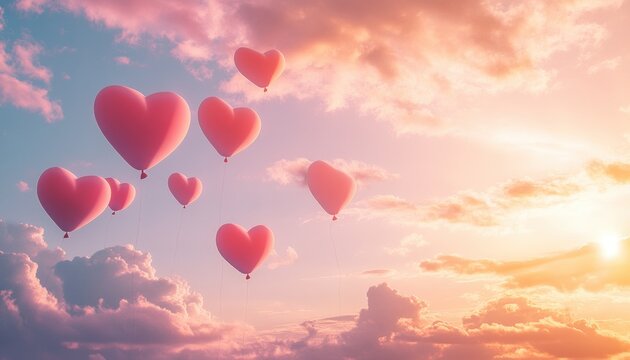 A beautiful sky with fluffy pink clouds, adorned with heart-shaped balloons floating gently in the air. 