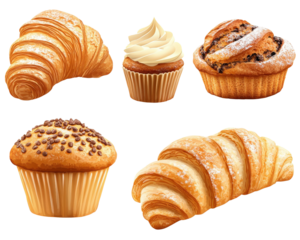 Delicious pastries including croissants, muffins, and cupcakes, showcasing variety of textures and flavors that evoke sense of warmth and indulgence