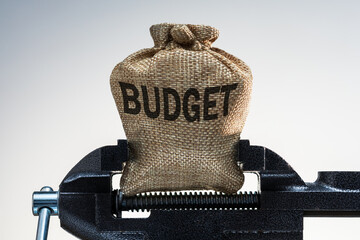 Finance, economy and business squeezing idea. Bag with money of buget in vise.
