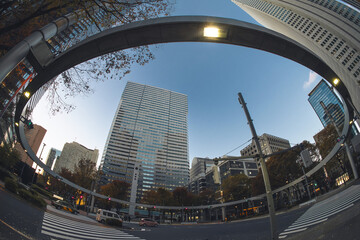 【魚眼】2024年　秋　大都会高層ビルと街並みの夕方　摩天楼の風景【紅葉】