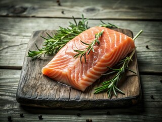 Rustic still life: rosemary-garnished salmon, showcasing culinary art and elegant food styling.