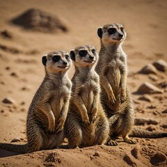 Fototapeta premium A meerkat family standing on alert in a sandy desert.