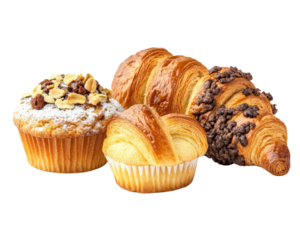 Delicious assortment of baked goods including muffins and croissants, showcasing variety of textures and flavors that are perfect for breakfast or snack