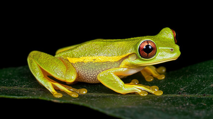 Obraz premium Bright green tree frog with red eyes on a leaf