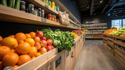 Fototapeta premium Fresh and Colorful Produce Displayed in a Modern Grocery Store Interior with Wooden Shelves and Vibrant Fruits and Vegetables Lighting Up the Space