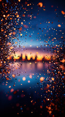 Fototapeta premium Dust crisis city life Vibrant, abstract cityscape with colorful bokeh lights and a reflective surface at sunset.