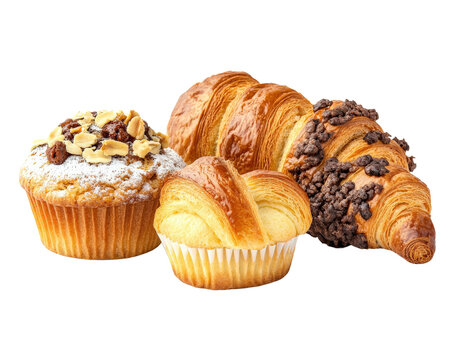 Delicious assortment of baked goods including muffins and croissants, showcasing variety of textures and flavors that are perfect for breakfast or snack