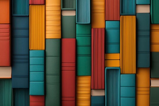 library books wrapping. A library wall display of wrapped books resembling a colorful mosaic of patterns and textures, library books wrapping, artistic book showcase