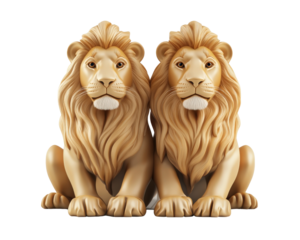 Majestic golden lions with detailed manes sit side by side, exuding strength and regality. Their expressive faces capture essence of power and pride in animal kingdom