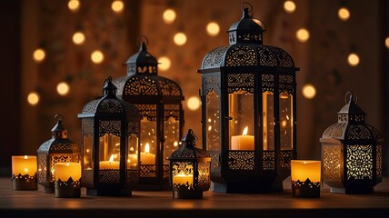 Obraz premium Free New Photo Ramadan Background with Lantern, Crescent Moon, and Stars 