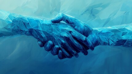 A stylized handshake symbolizing agreement and collaboration in a blue hue.