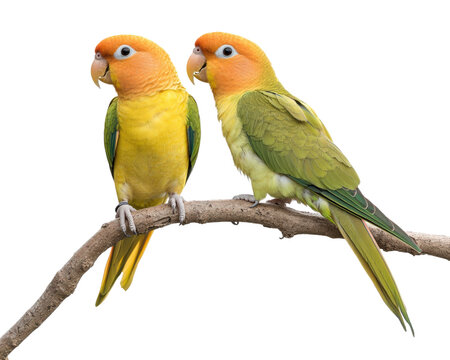 Colorful lovebirds perched on branch, showcasing vibrant yellow and green feathers. Their playful demeanor adds charm to any setting