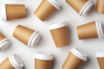 A collection of disposable coffee cups arranged artfully on a white surface