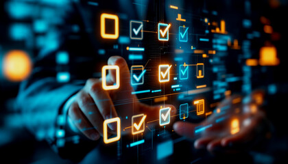 Hand interacting with a glowing digital checklist interface