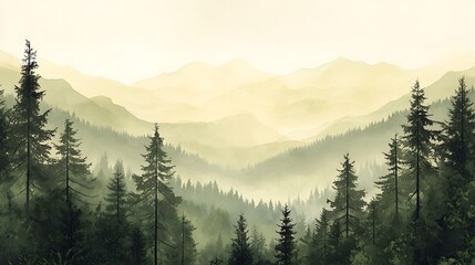 Obraz premium Misty sunrise over a coniferous forest.
