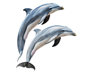 Naklejka premium Dolphins swimming together, showcasing their playful nature and sleek bodies. These intelligent marine mammals are known for their agility and social behavior in ocean