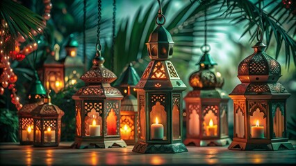 Obraz premium Free New Photo Ramadan and Eid al fitr concept backgrounds dates with traditional lantern Light Lamp and Tasbeeh, Ramadan Kareem Mubarak background