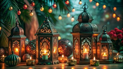 Obraz premium Free New Photo Ramadan and Eid al fitr concept backgrounds dates with traditional lantern Light Lamp and Tasbeeh, Ramadan Kareem Mubarak background