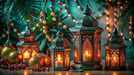 Obraz premium Free New Photo Ramadan and Eid al fitr concept backgrounds dates with traditional lantern Light Lamp and Tasbeeh, Ramadan Kareem Mubarak background