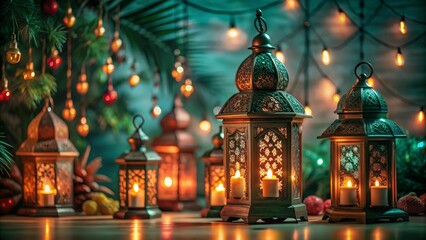 Obraz premium Free New Photo Ramadan and Eid al fitr concept backgrounds dates with traditional lantern Light Lamp and Tasbeeh, Ramadan Kareem Mubarak background