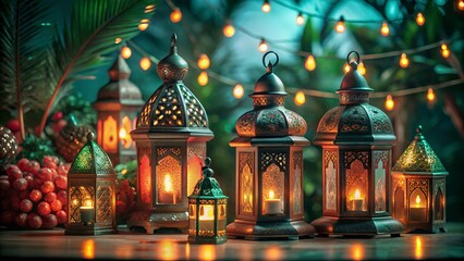 Obraz premium Free New Photo Ramadan and Eid al fitr concept backgrounds dates with traditional lantern Light Lamp and Tasbeeh, Ramadan Kareem Mubarak background